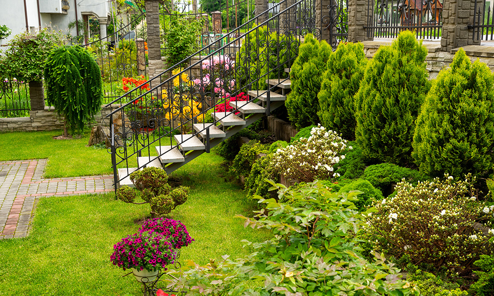 Home landscaping, bright flowers, shrubs, grassy lawn, and stone steps leading to stone terrace.